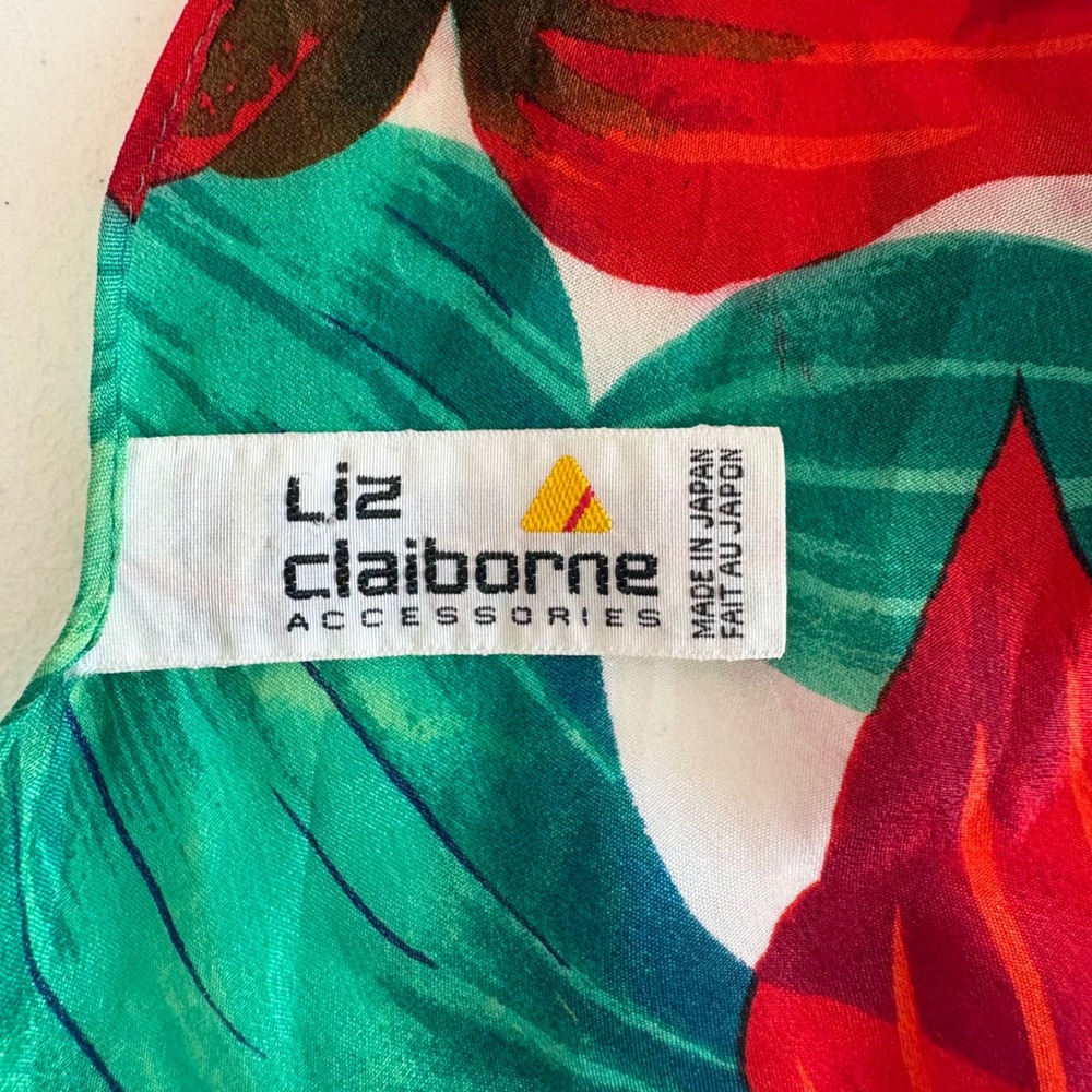 Vintage Liz Claiborne 100% Silk Tropical Floral Scarf Red Green Botanical 1989 - Picture 4 of 5
